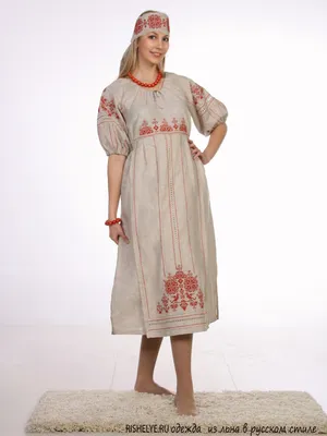 Купить платье в русском стиле из льна Россиянка с красной вышивкой в Москве  в интернет-магазине | Фабрика Ришелье