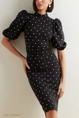 Черное платье в горошек с поясом 1152262575-53 - купить в интернет-магазине  LOVE REPUBLIC по цене: 1 199 ₽