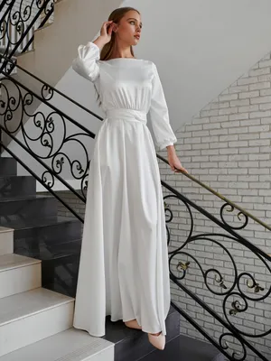 Купить белое платье в пол с рукавом фонарик (агния атласное) в интернет  магазине mirplatev.ru недорого, от 9900.0000 рублей