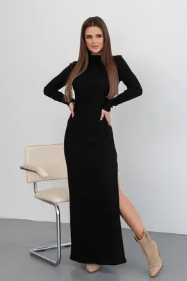 Черное платье в пол с рукавами и декольте купить в Москве
