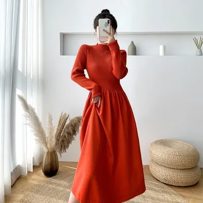 Зимние платья для женщин 2021 винтажный пуловер с круглым вырезом с длинным  рукавом корейская мода элегантное женское вязаное платье тонкая талия  трикотажная одежда | AliExpress