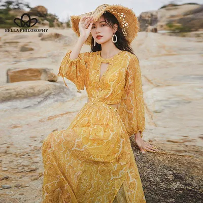 Богемное желтое пляжное платье с длинными рукавами, морское летнее  праздничное платье, женское повседневное летнее пляжное платье с принтом –  лучшие товары в онлайн-магазине Джум Гик