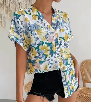 ₪71-Цветочные повседневные свободные пляжные рубашки для женщин 2023 летние женские  рубашки и блузки больших размеров модные элегант-Description