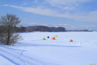палатки с рыбаками на зимней рыбалке-ОБОИ- на рабочий стол-Зима бесплатно