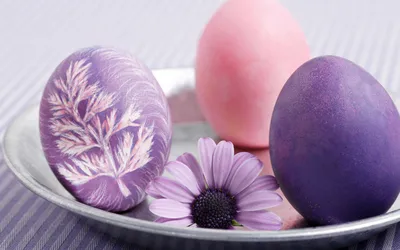 Обои на рабочий стол Пасхальные крашенные яйца на тарелке с цветком, обои  для рабочего стола, скачать обои, обои бесплатно