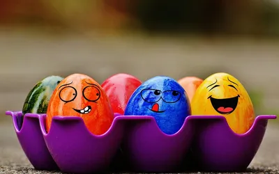 Обои на рабочий стол Разноцветные яйца с нарисованными эмоциональными  мордашками в фиолетовом лоточке, обои для рабочего стола, скачать обои, обои  бесплатно