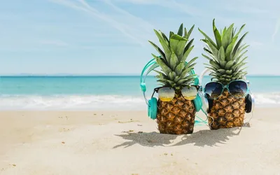 Обои на рабочий стол Два крутых ананаса в очках и наушниках на берегу моря,  обои для рабочего стола, скачать обои, обои бесплатно