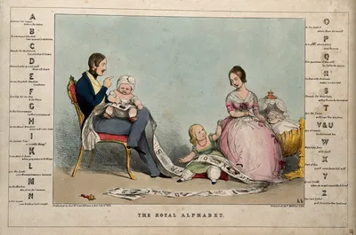 Принц Альберт и королева Виктория обучают своих детей азбуке; политический  алфавит обрамляет изображение. Цветная литография Х.Б. (Джон Дойл), 1843.