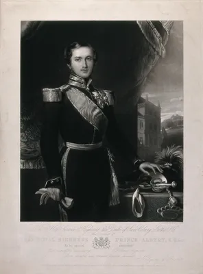 Принц Альберт в военной форме; королевская резиденция на заднем плане.  Меззотинт К. Э. Вагстаффа по Г.