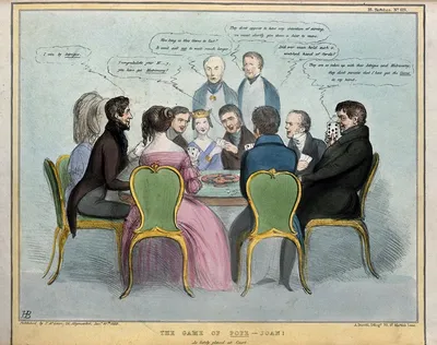 За карточным столом сидят королева Виктория и принц Альберт с лордом  Норманби и Даниэлем О'Коннеллом на концах. Цветная литография Х.Б. (Джон  Дойл), 1839.