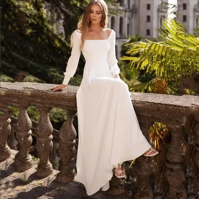 Простое свадебное платье с длинным рукавом для женщин, модель 2022 года,  а-силуэт, свадебное платье, Сдержанное платье невесты с квадратным вырезом,  гражданский Халат | AliExpress
