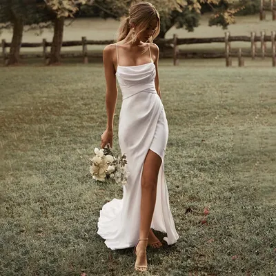 Простое свадебное платье с юбкой-годе, Белое Атласное Платье на тонких  бретельках с высоким разрезом и открытой спиной, 2022 | AliExpress