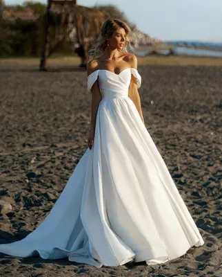 ₪425-Пляжное свадебное платье для женщин с открытыми плечами, простое  свадебное платье трапециевидной формы, современное граждан-Description