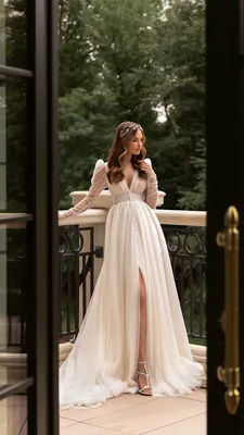 Аллин» - легкое свадебное платье с рукавами, разрезом и нежным блеском  купить в Минске -