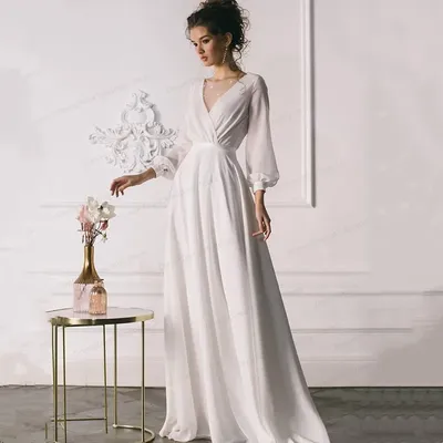 Простое шифоновое свадебное платье с длинными рукавами, 2023, v-образный  вырез, в пол, для невесты, свадебное платье, индивидуальный пошив, свадебное  платье | AliExpress