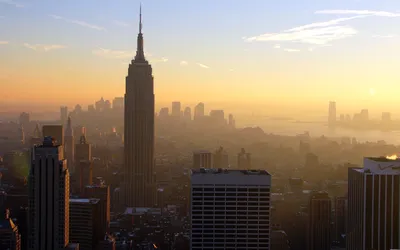 Скачать 1920x1200 нью-йорк, рассвет, туман, здания, небоскребы обои,  картинки