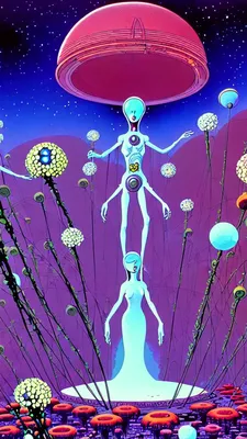 КРЕА - научно-фантастическая иллюстрация, Букет цветов в сердце инопланетного храма в ФАНТАСТИЧЕСКОЙ ПЛАНЕТЕ, анимация La planète sauvage Рене Лалу.