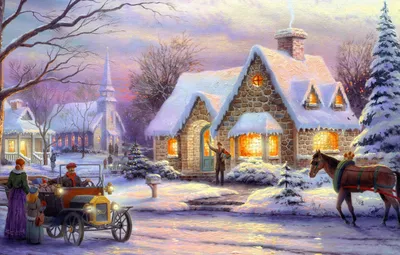 Обои зима, машина, ретро, люди, конь, лошадь, елки, номер, Рождество, ёлка,  городок, ящик, живопись, Christmas, art, winter картинки на рабочий стол,  раздел живопись - скачать