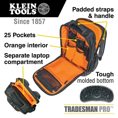 Tradesman Pro™ Backpack / Tool Bag, 25 Pockets, 1-Inch Laptop Pocket -  55456BPL | Klein Tools