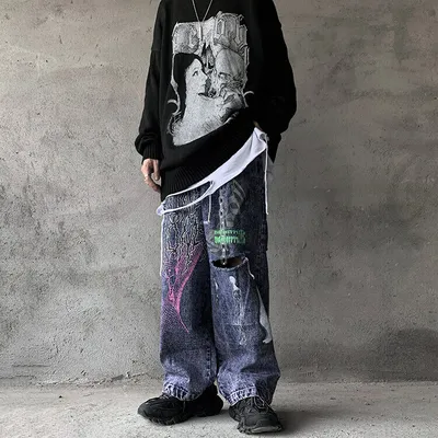 Rapper Retro Loose Denim Pants Dancing Taper Baggy Ripped Jeans mens jeans  M XL | eBay