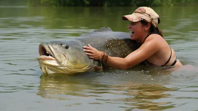 женщина держит большую рыбу в воде, смешные картинки с рыбалкой фон  картинки и Фото для бесплатной загрузки