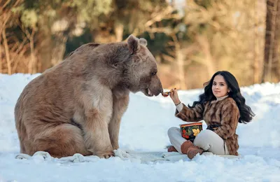 Зимняя фотосессия с медведем Степаном. Детский и семейный фотограф с  животными в Москве Гурьева Надежда