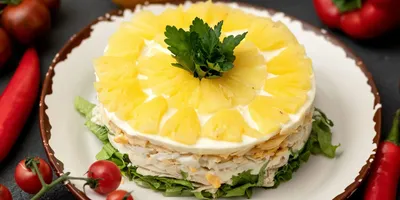 Слоеный салат с курицей, грибами и ананасами - классика новогоднего жанра |  СмакБург | Дзен