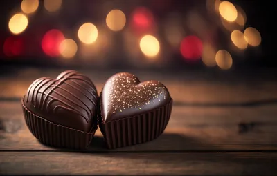Обои свет, любовь, огни, праздник, доски, графика, блеск, шоколад, сердца,  конфеты, сердечки, форма, боке, День Святого Валентина, два сердца,  шоколадные конфеты картинки на рабочий стол, раздел еда - скачать