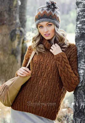 Коричневый свитер и шапка с жаккардовым узором — Shpulya.com - схемы с  описанием для вязания спицами и крючком