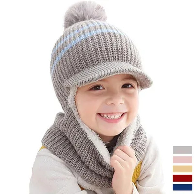Купить Осенне-зимняя шапка-ушанка унисекс для девочек и мальчиков вязаная  флисовая шапка милый детский шарф шапочки | Joom