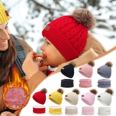Модный новый зимний комплект детской шапки, Детский комплект из шапки и  шарфа, шапка для мальчиков и девочек, плотные вязаные шапки с ушками,  комплект из двух предметов для детей | AliExpress