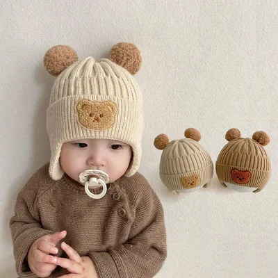 Купить Новая детская шапка с милым медведем, зима-осень, теплые вязаные  шапочки, шапки для маленьких мальчиков и девочек, шапки с защитой ушей,  шапки | Joom