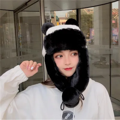 Panda Trapper Hat Black and White Faux Fur Trapper Hat for Women