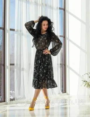 Нежное красивое женское шифоновое платье черного цвета с длинным рукавом,  р.44,46. (ID#1463547323), цена: 750 ₴, купить на Prom.ua