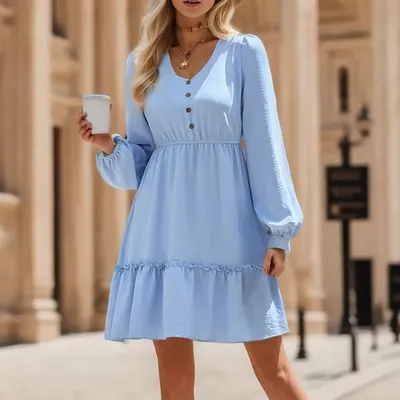 Легкие шифоновые платья для женщин 2023, модное повседневное мини-платье с длинным  рукавом и оборками в несколько рядов, платье-трапеция, платья | AliExpress