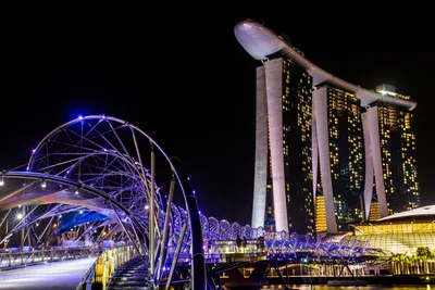картинки : Сингапур, Marina Bay Sands, архитектура, мост, Спортивное  снаряжение, Столичная зона, Ориентир, Мегаполис, легкий, осветительные  приборы, городской район, городской пейзаж, пурпурный, кирпич, уличный  свет, дерево, небоскреб, Полночь, в ...