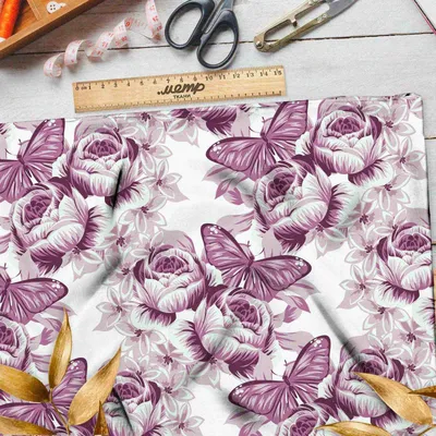 Ткань сатин бабочки на розах. Купить ткань сатин с доставкой по РФ. Цена,  фото, склад и под заказ.