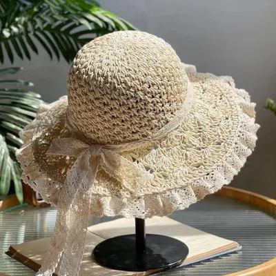 Складная соломенная шляпа с кружевом сбоку, женская летняя шляпа от солнца  с полым бантом, солнцезащитный козырек, пляжная шляпа – лучшие товары в  онлайн-магазине Джум Гик