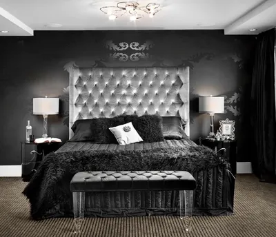 Спальня с черной кроватью - 71 фото