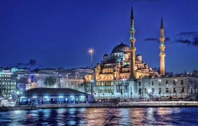 Обои море, ночь, огни, дома, Стамбул, Турция, минарет, Новая мечеть  картинки на рабочий стол, раздел город - скачать