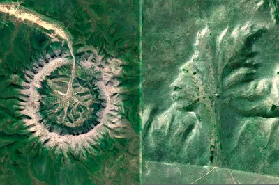 Снимки со спутника показали странные объекты на Земле. Похожи на лица и  микросхемы, два из России (?!?)