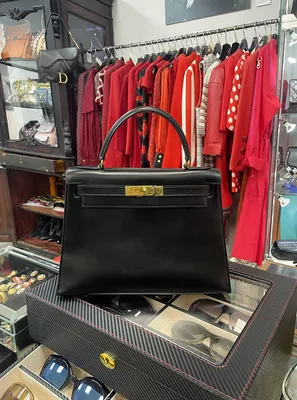 Винтажная черная сумка Hermes Kelly 28 в коже Box