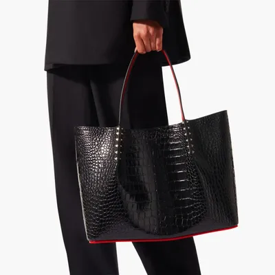 Cabarock large - Tote bag - Alligator embossed calf leather and spikes -  Black - Christian Louboutin United States