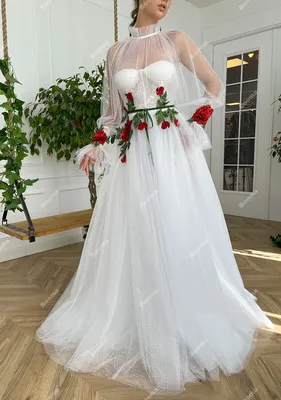 Белое ТРАПЕЦИЕВИДНОЕ свадебное платье Booma Pastrol, свадебные платья с  высоким красным цветком и длинным рукавом, тюлевые свадебные платья в  горошек для свадебной вечеринки, платья невесты | AliExpress