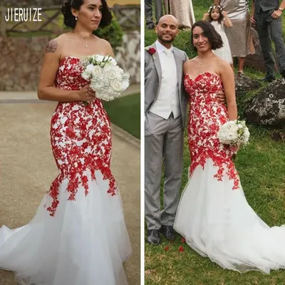 Свадебное платье с юбкой годе JIERUIZE, белое с красным кружевом, с вырезом  сердечком, на шнуровке сзади, с аппликацией, свадебное платье | AliExpress