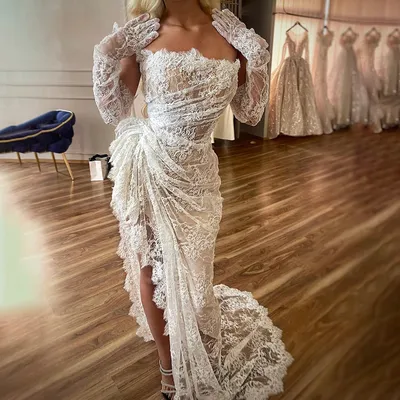 Облегающее свадебное платье с объемными цветами без бретелек, кружевное свадебное  платье с юбкой-годе и рюшами, кружевное асимметричное привлекательное свадебное  платье с высоким и низким разрезом на заказ | AliExpress