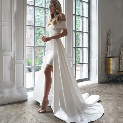 Платье свадебное со съемными рукавами и складками, элегантное простое приталенное  платье с открытыми плечами, украшение для свадьбы | AliExpress
