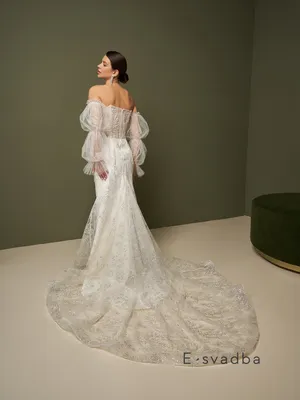 Свадебное платье русалка с длинным шлейфом, верх открытый, украшен  блестками, ручной вышивкой - салон свадебной моды E-svadba