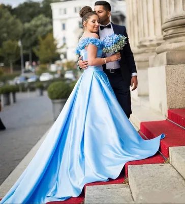 Синие атласные свадебные платья а-силуэта, Пляжное свадебное платье ручной  работы с цветами, кружевные бальные платья для невесты | AliExpress