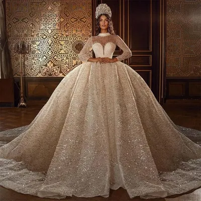 Роскошное Свадебное платье Дубай, кружевное платье с блестками и шлейфом,  платье принцессы с высоким воротником, индивидуальный пошив, свадебные  платья, платье для невесты | AliExpress